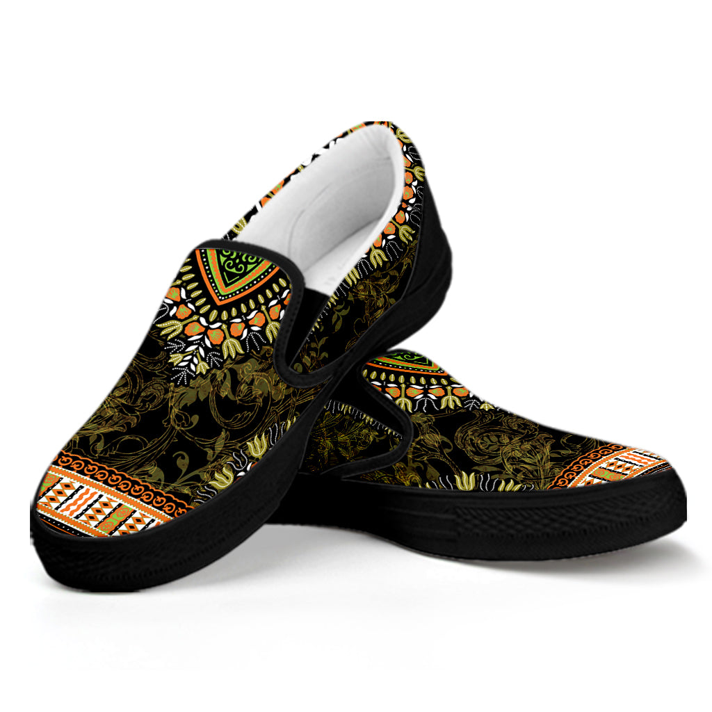 Orange And Black African Dashiki Print Black Slip On Shoes