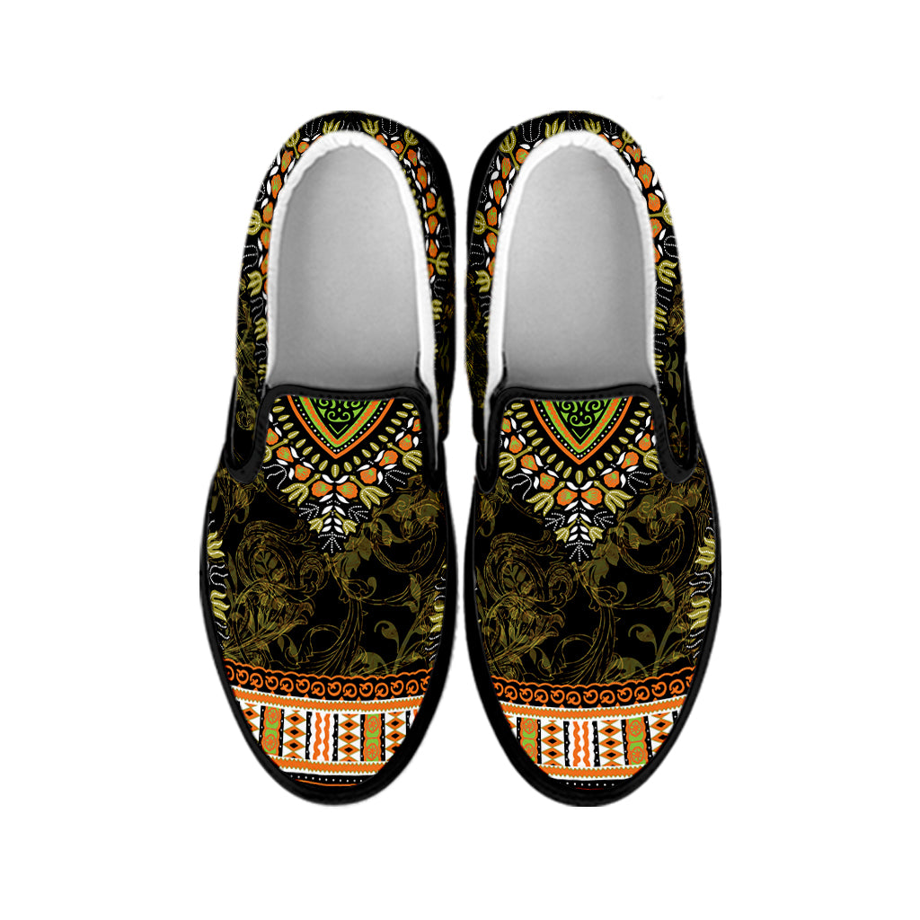 Orange And Black African Dashiki Print Black Slip On Shoes