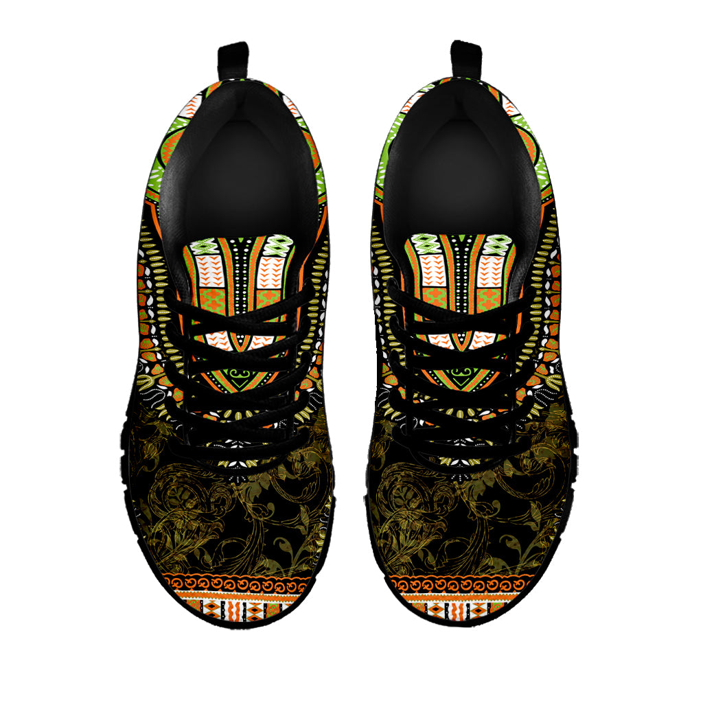 Orange And Black African Dashiki Print Black Sneakers