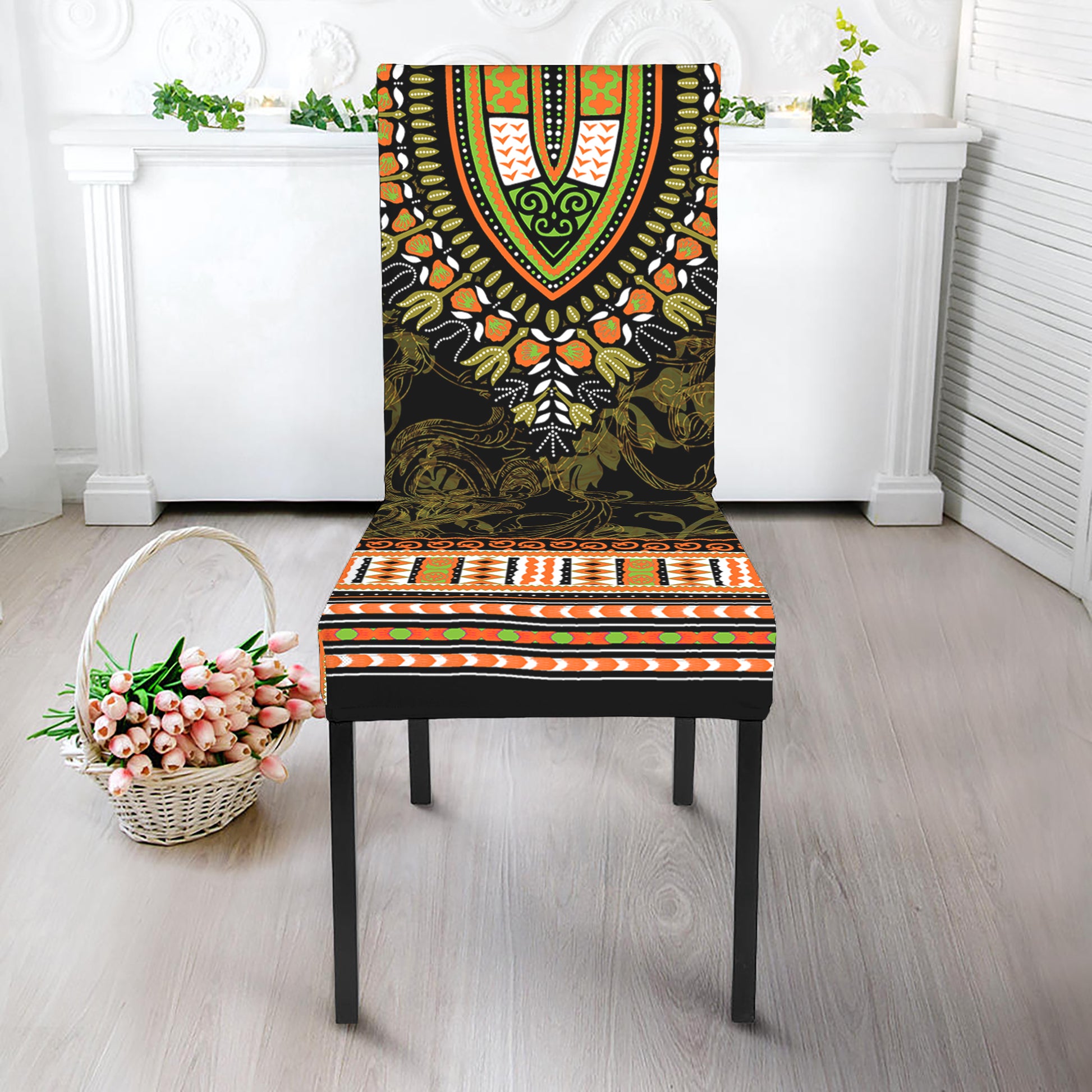Orange And Black African Dashiki Print Dining Chair Slipcover