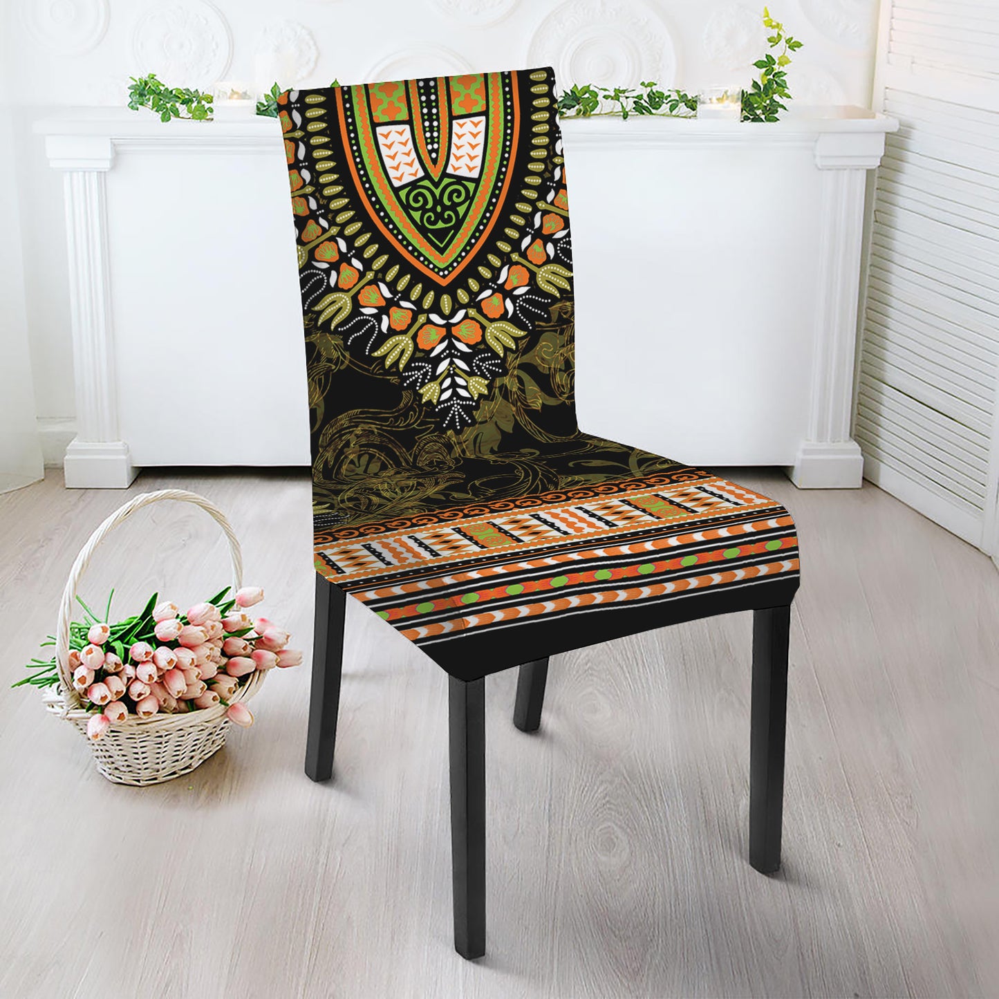 Orange And Black African Dashiki Print Dining Chair Slipcover