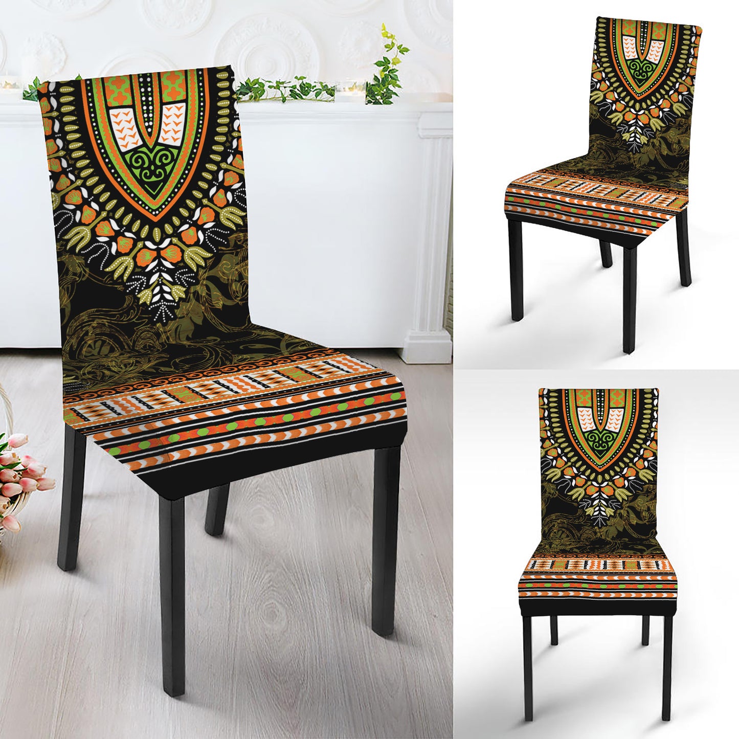 Orange And Black African Dashiki Print Dining Chair Slipcover