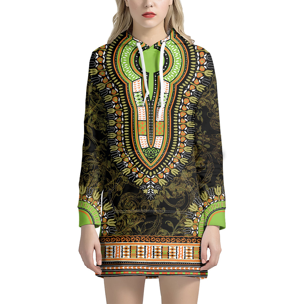 Orange And Black African Dashiki Print Hoodie Dress