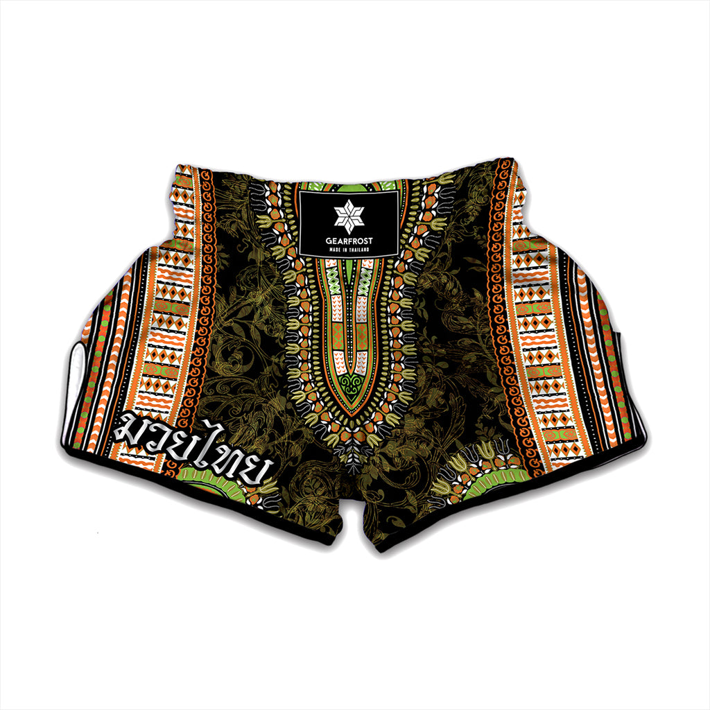 Orange And Black African Dashiki Print Muay Thai Boxing Shorts