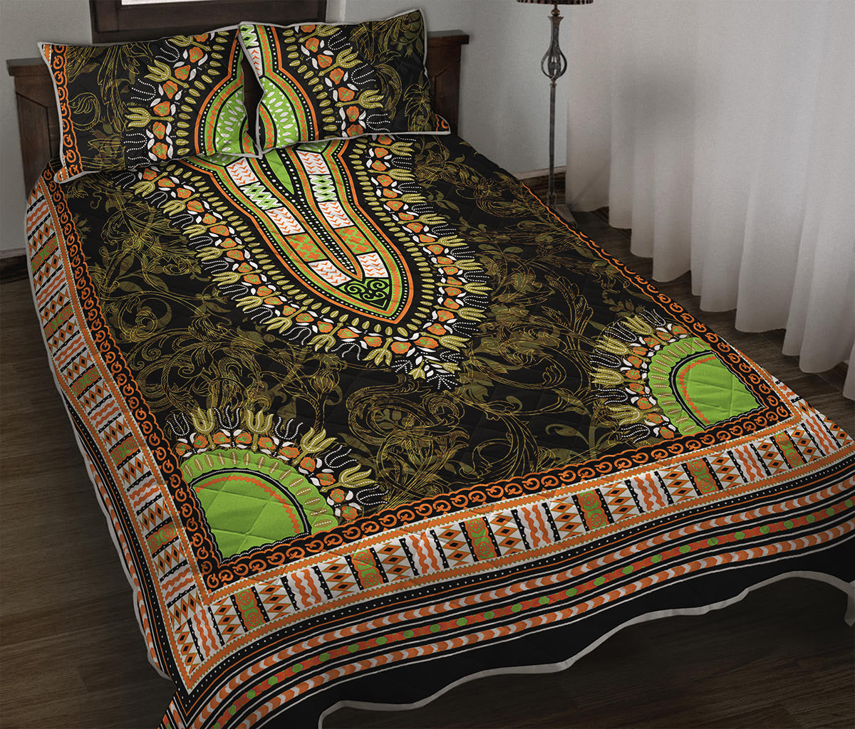 Orange And Black African Dashiki Print Quilt Bed Set