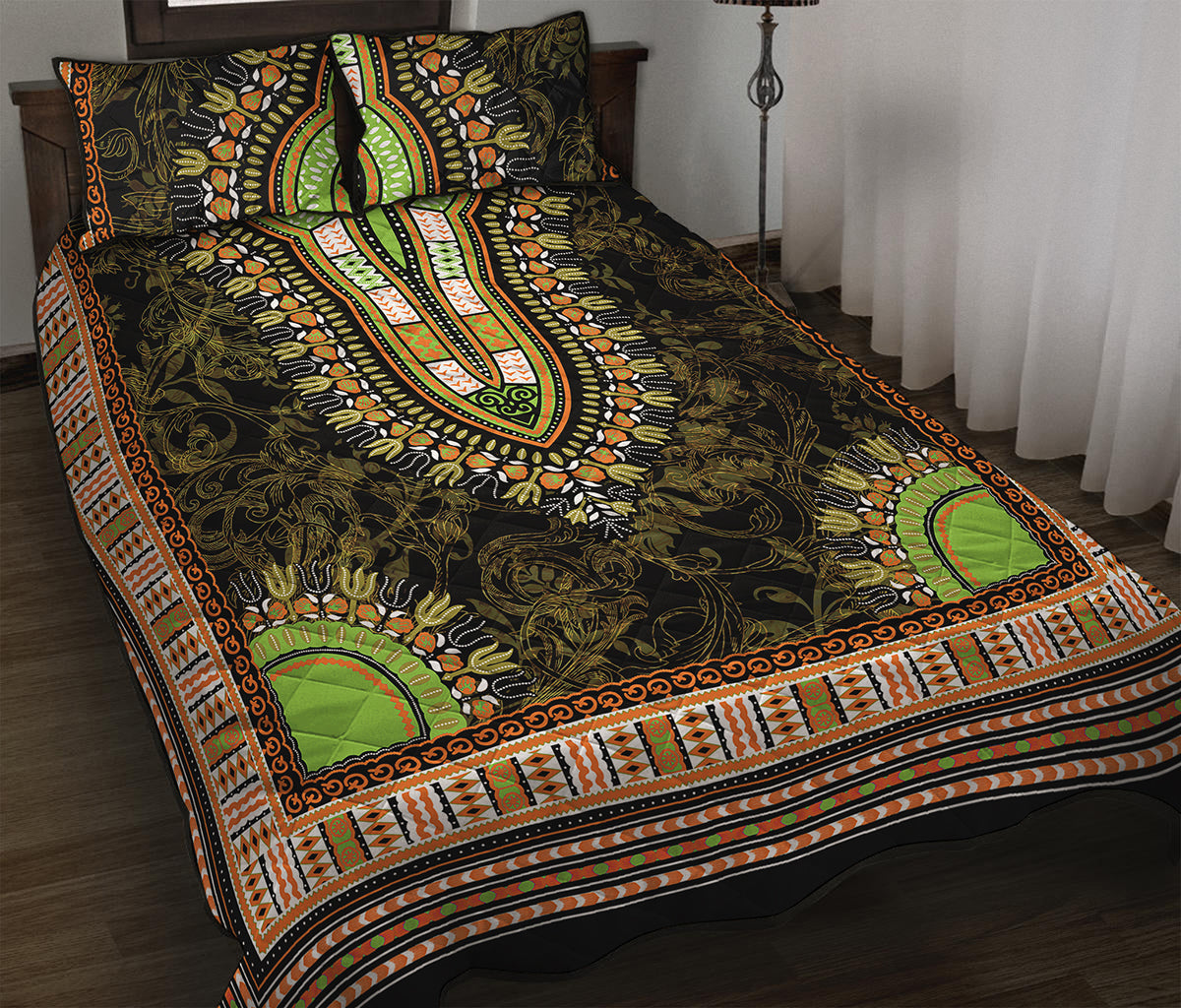 Orange And Black African Dashiki Print Quilt Bed Set