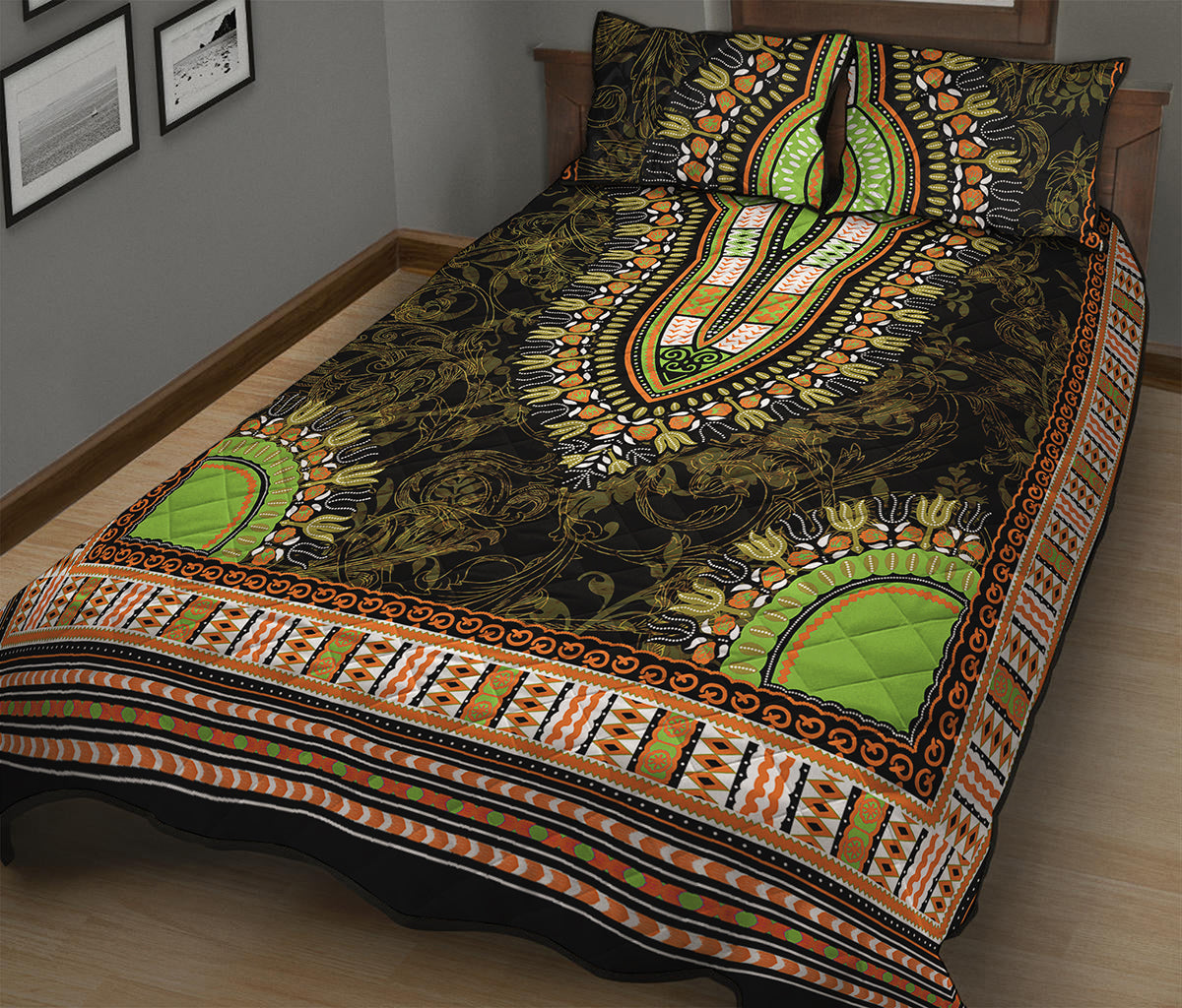 Orange And Black African Dashiki Print Quilt Bed Set