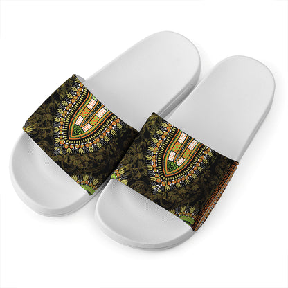 Orange And Black African Dashiki Print White Slide Sandals
