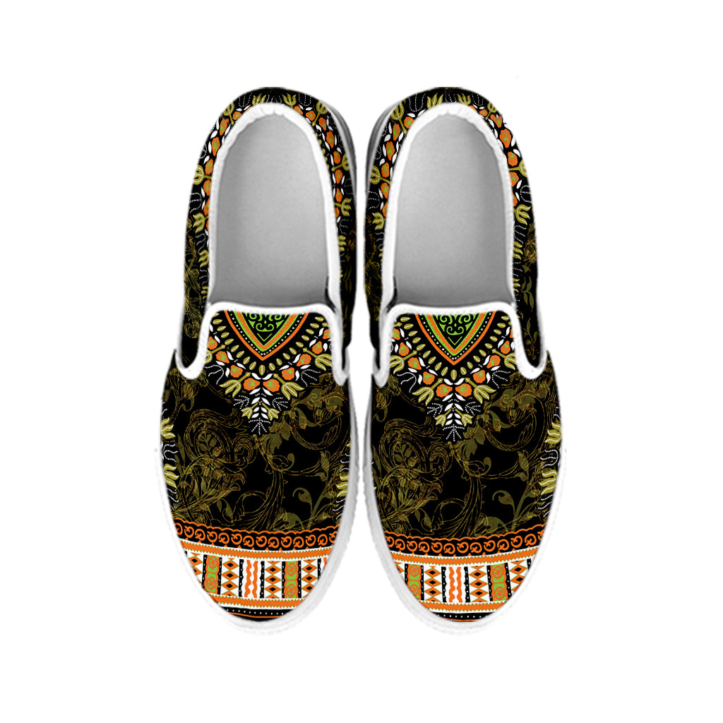 Orange And Black African Dashiki Print White Slip On Shoes