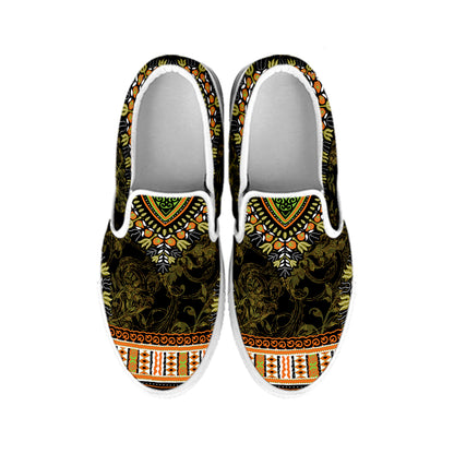 Orange And Black African Dashiki Print White Slip On Shoes