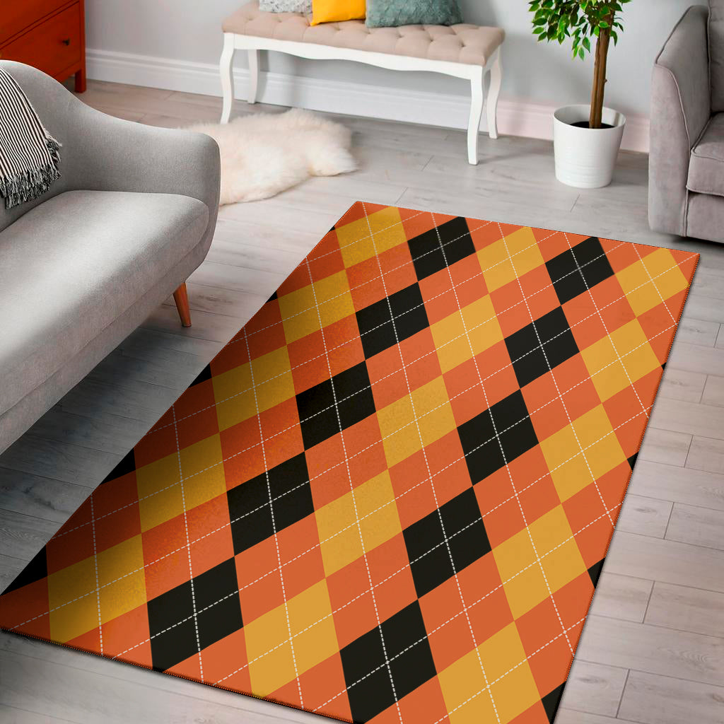Orange And Black Argyle Pattern Print Area Rug