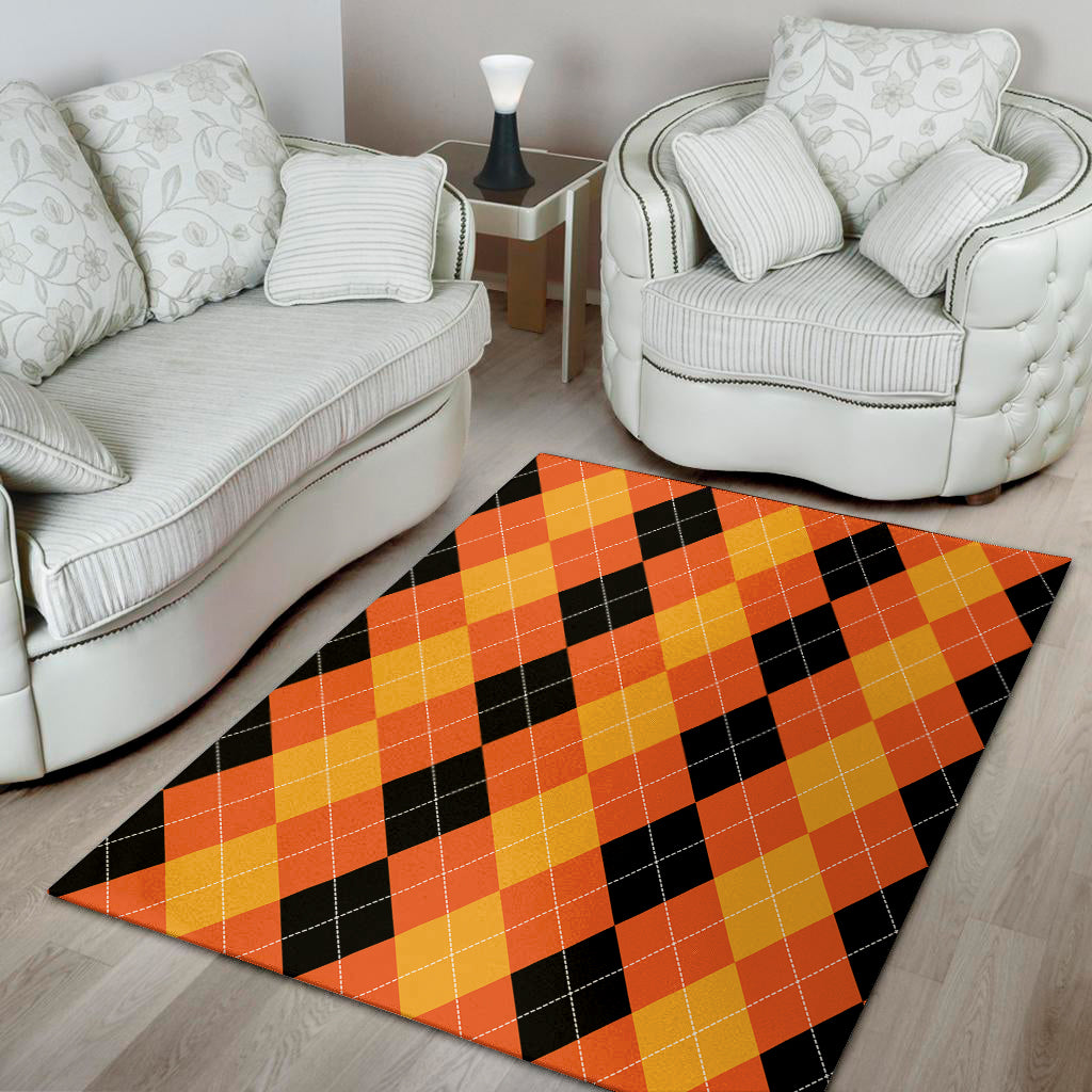 Orange And Black Argyle Pattern Print Area Rug