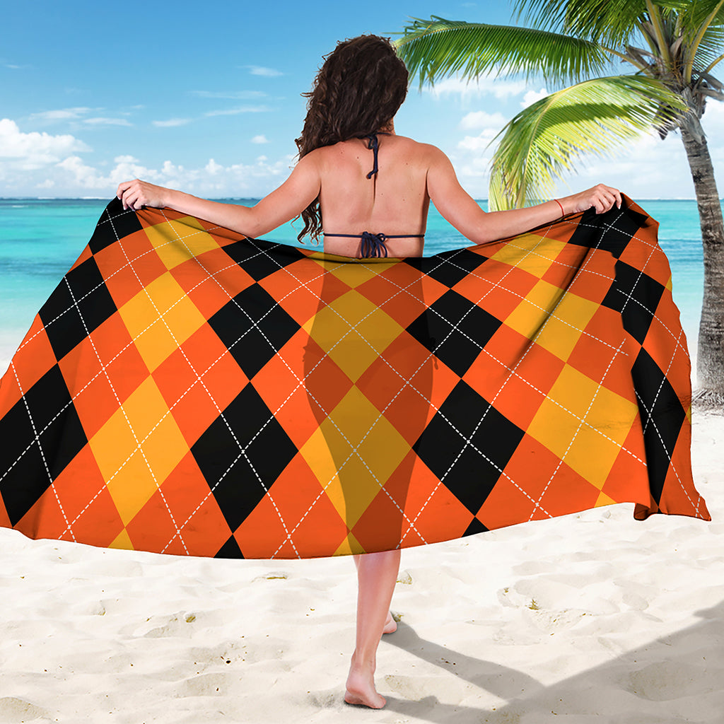 Orange And Black Argyle Pattern Print Beach Sarong Wrap