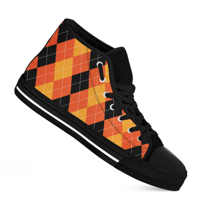 Orange And Black Argyle Pattern Print Black High Top Shoes