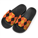 Orange And Black Argyle Pattern Print Black Slide Sandals