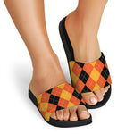 Orange And Black Argyle Pattern Print Black Slide Sandals
