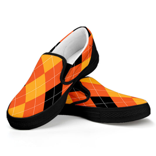Orange And Black Argyle Pattern Print Black Slip On Shoes