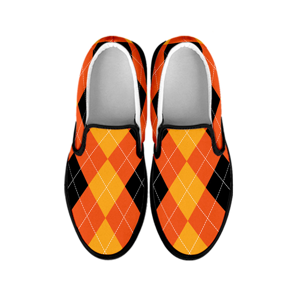 Orange And Black Argyle Pattern Print Black Slip On Shoes