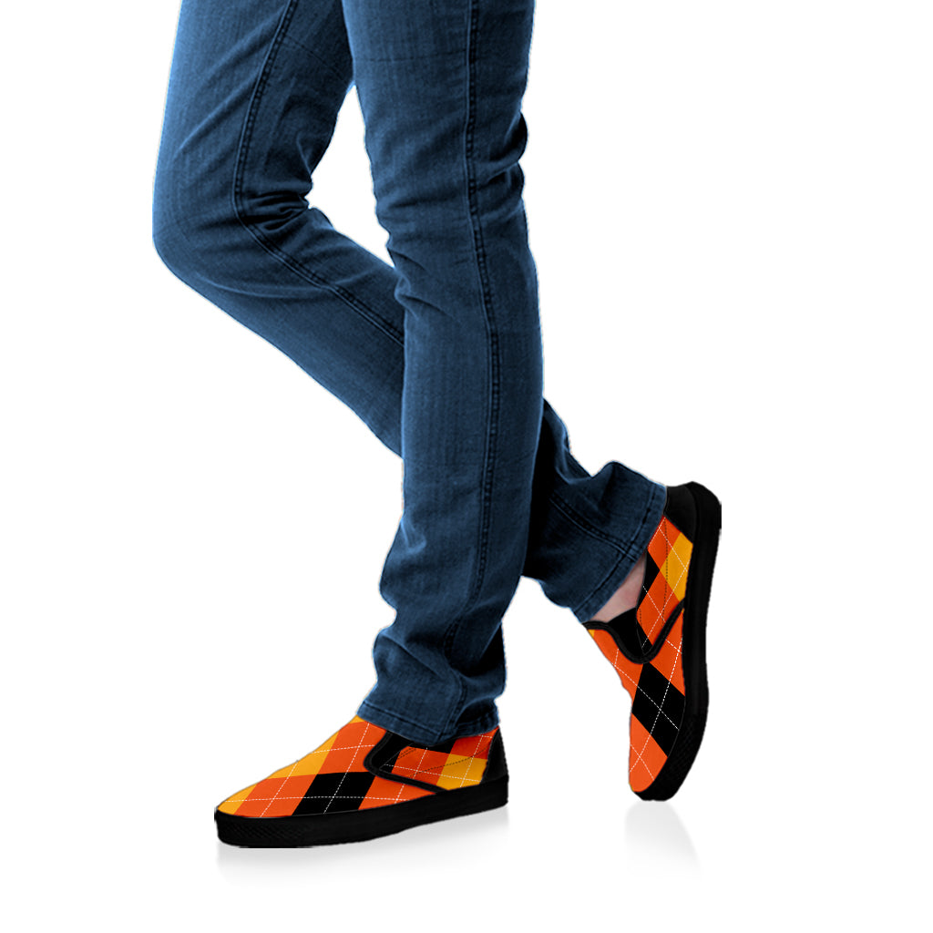 Orange And Black Argyle Pattern Print Black Slip On Shoes