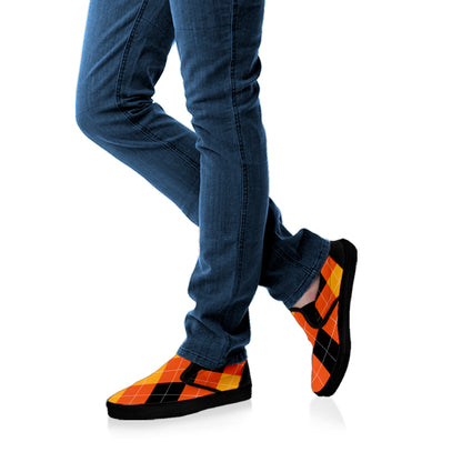 Orange And Black Argyle Pattern Print Black Slip On Shoes