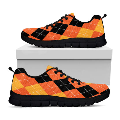 Orange And Black Argyle Pattern Print Black Sneakers