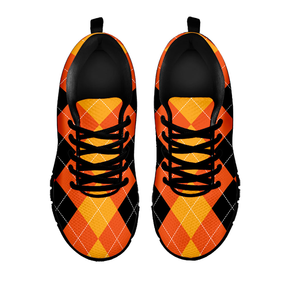 Orange And Black Argyle Pattern Print Black Sneakers