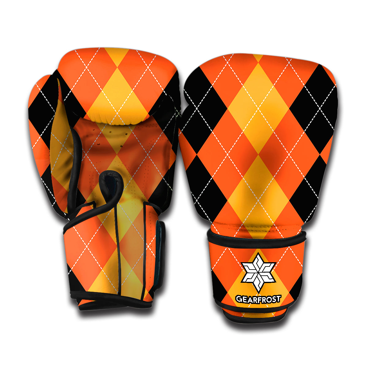 Orange And Black Argyle Pattern Print Boxing Gloves