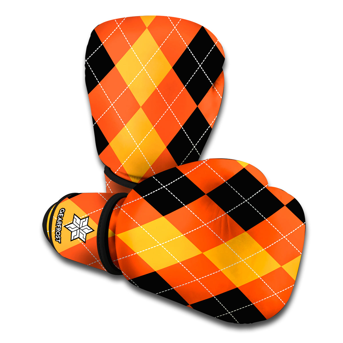 Orange And Black Argyle Pattern Print Boxing Gloves