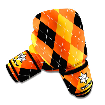 Orange And Black Argyle Pattern Print Boxing Gloves