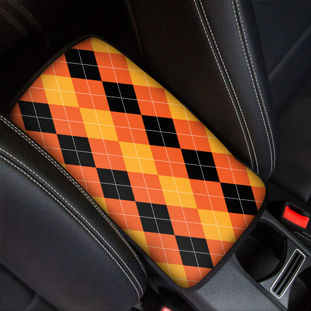 Orange And Black Argyle Pattern Print Car Center Console Cover