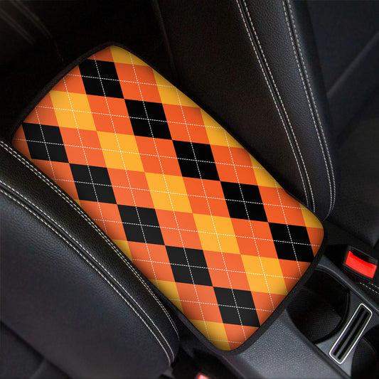 Orange And Black Argyle Pattern Print Car Center Console Cover