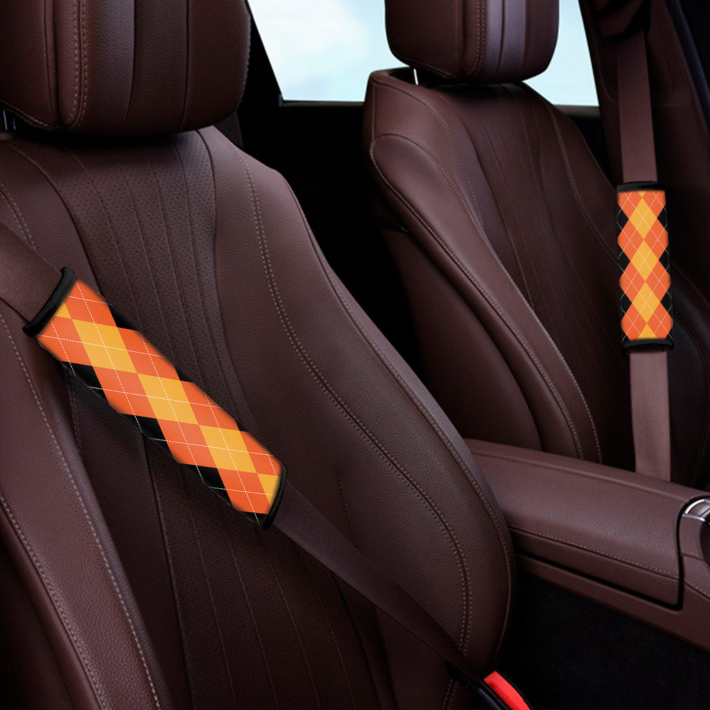 Orange And Black Argyle Pattern Print Car Seat Belt Covers