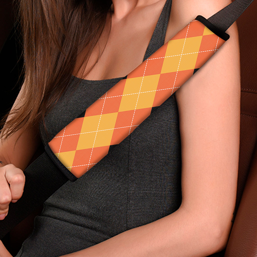 Orange And Black Argyle Pattern Print Car Seat Belt Covers