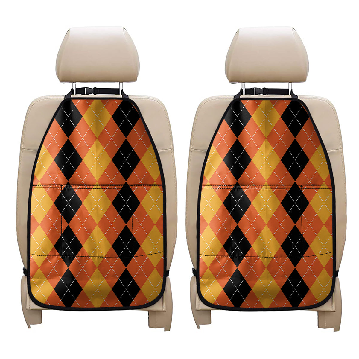 Orange And Black Argyle Pattern Print Car Seat Organizers