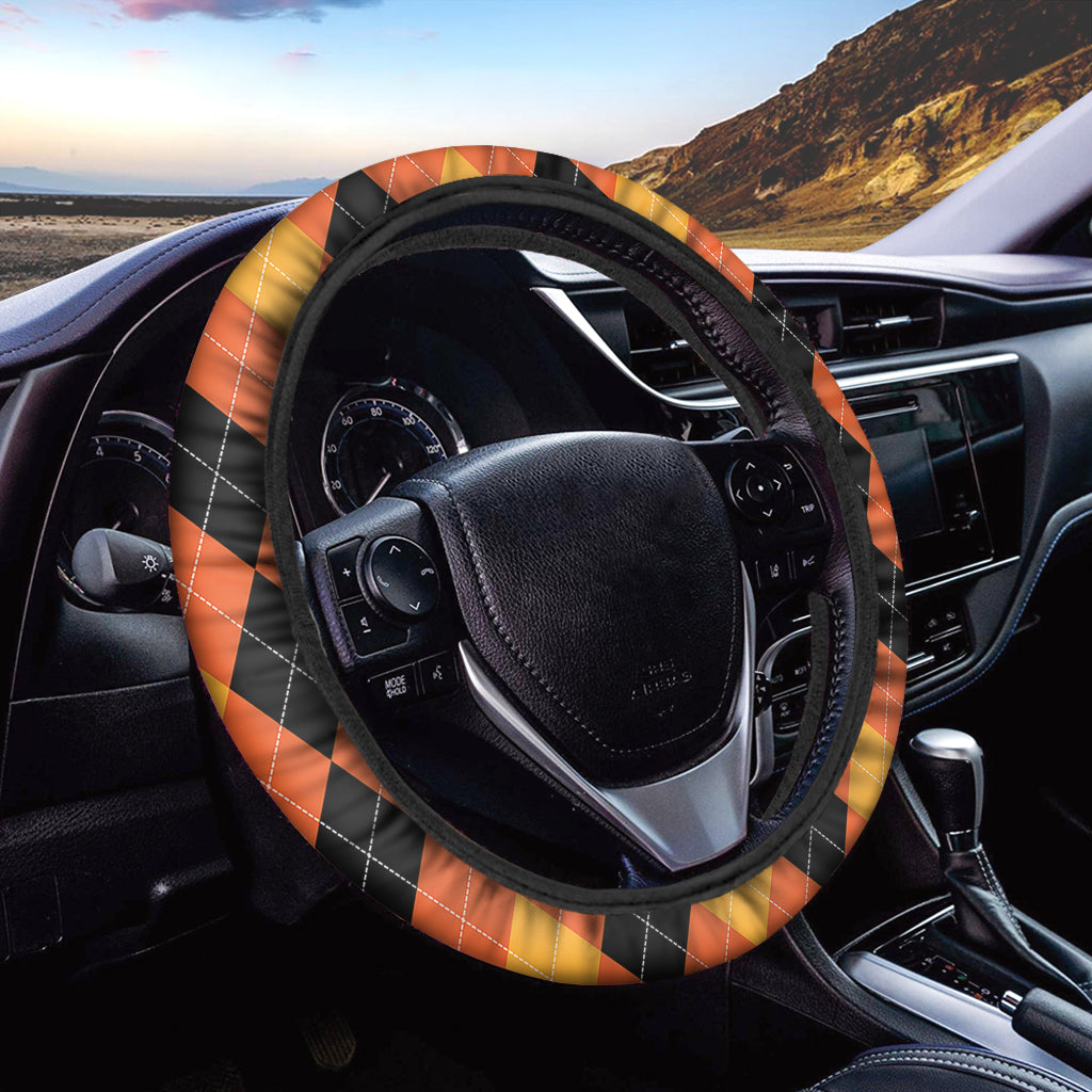 Orange And Black Argyle Pattern Print Car Steering Wheel Cover