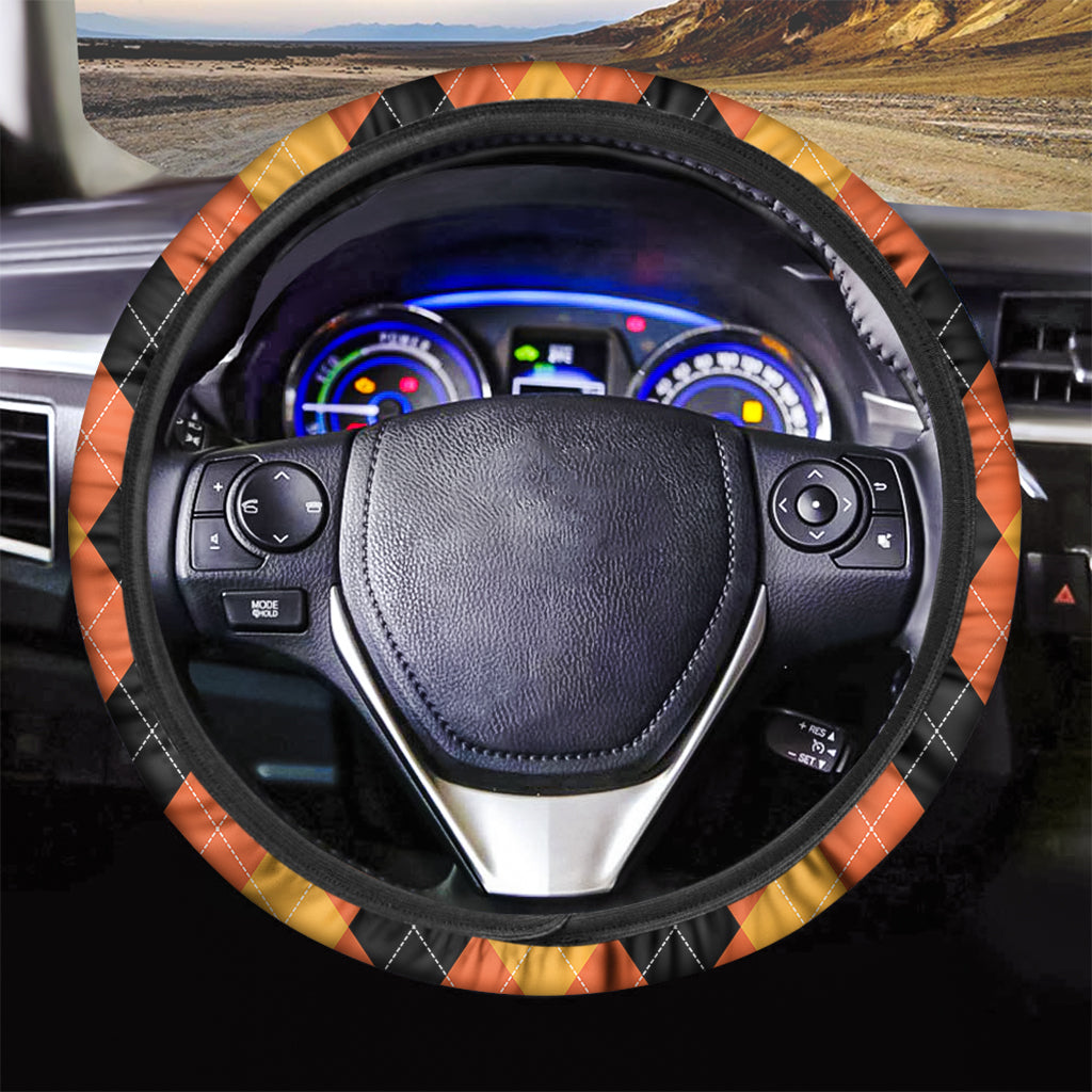 Orange And Black Argyle Pattern Print Car Steering Wheel Cover