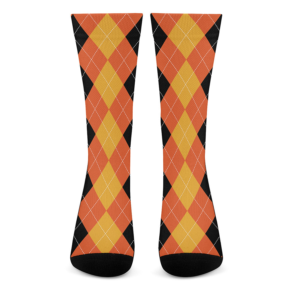 Orange And Black Argyle Pattern Print Crew Socks