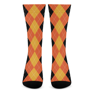 Orange And Black Argyle Pattern Print Crew Socks