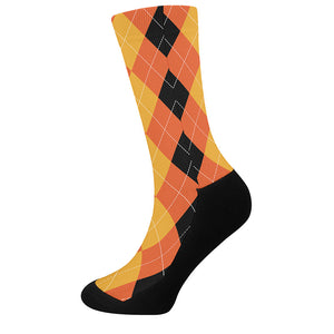 Orange And Black Argyle Pattern Print Crew Socks