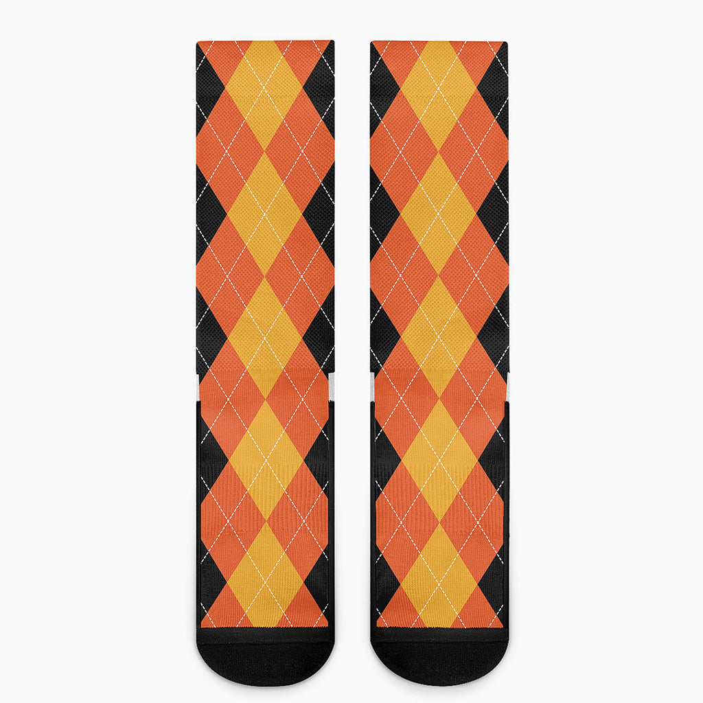 Orange And Black Argyle Pattern Print Crew Socks