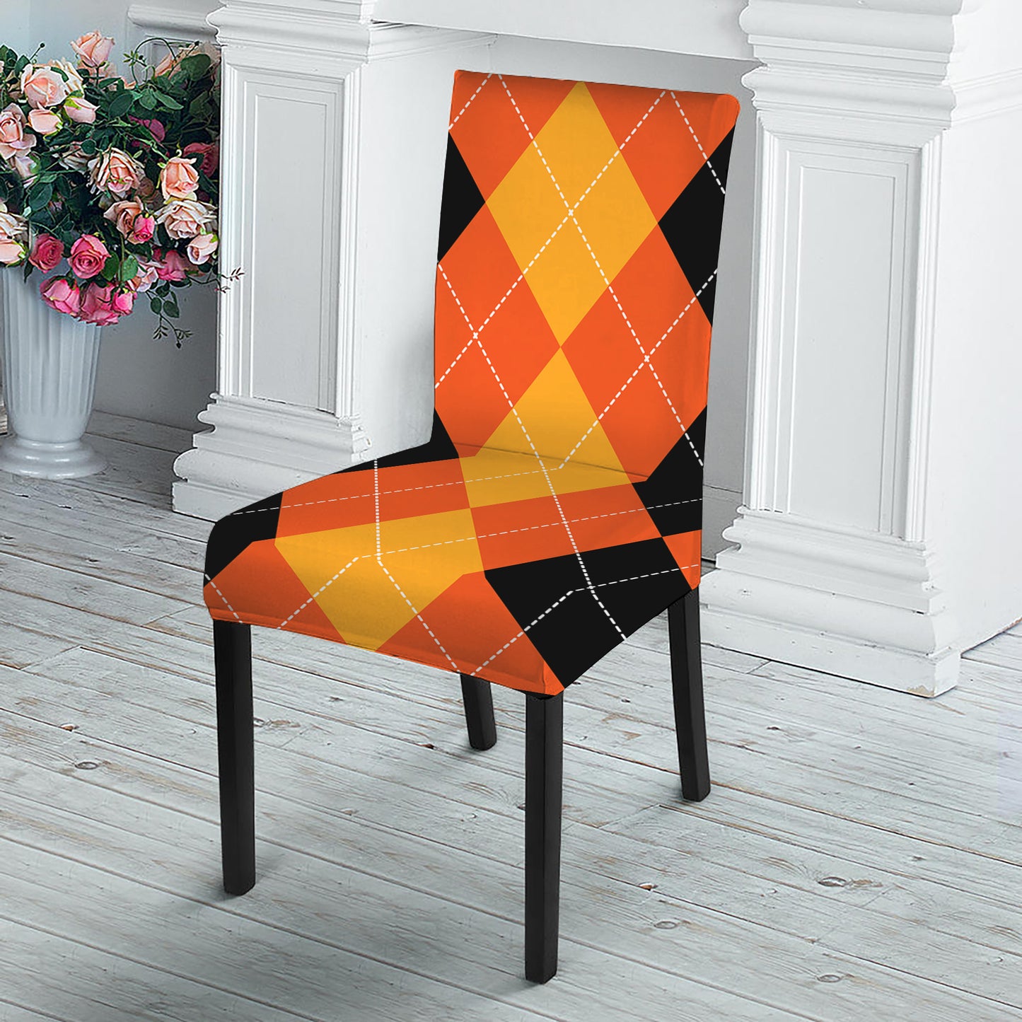 Orange And Black Argyle Pattern Print Dining Chair Slipcover