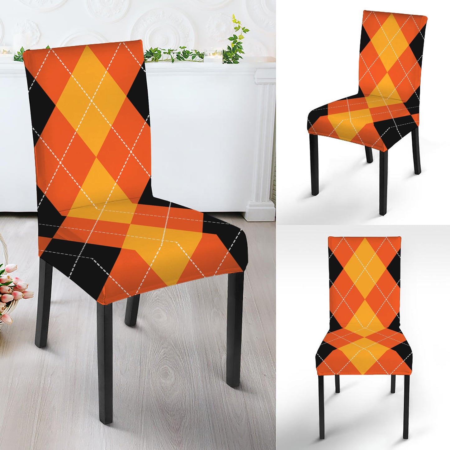 Orange And Black Argyle Pattern Print Dining Chair Slipcover