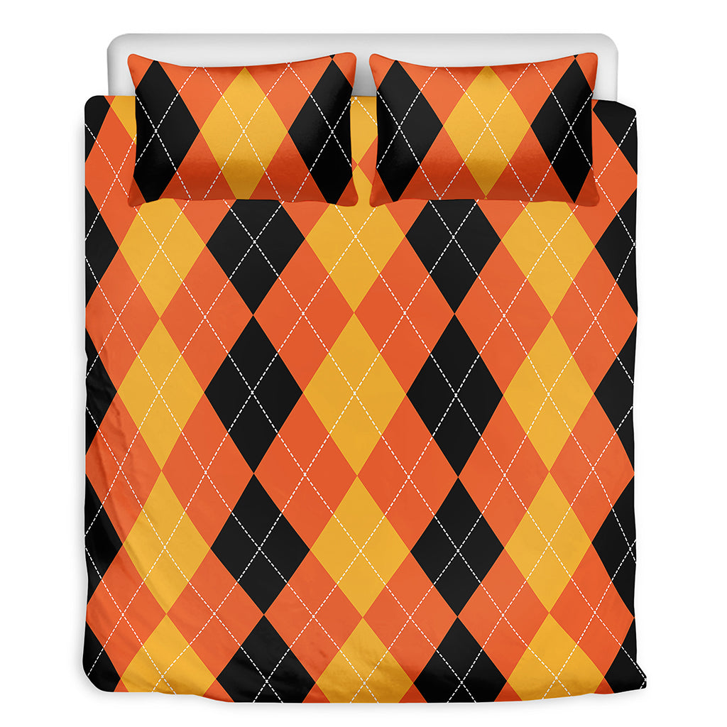 Orange And Black Argyle Pattern Print Duvet Cover Bedding Set