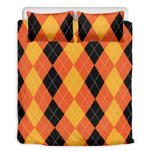 Orange And Black Argyle Pattern Print Duvet Cover Bedding Set