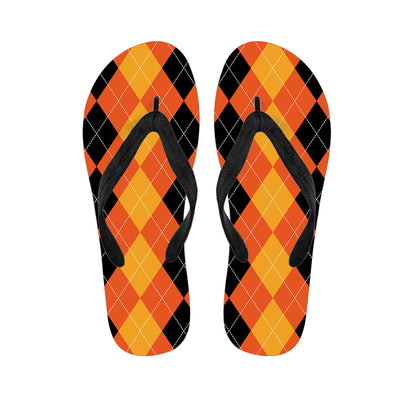 Orange And Black Argyle Pattern Print Flip Flops