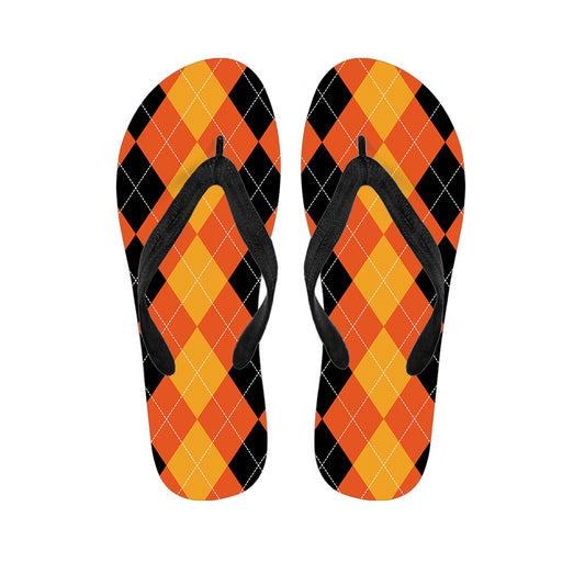 Orange And Black Argyle Pattern Print Flip Flops