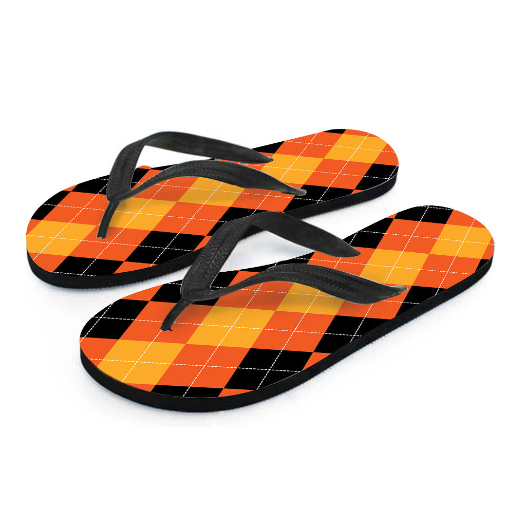 Orange And Black Argyle Pattern Print Flip Flops