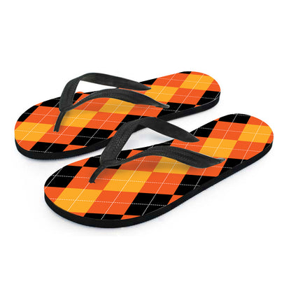 Orange And Black Argyle Pattern Print Flip Flops