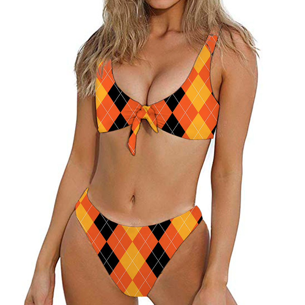 Orange And Black Argyle Pattern Print Front Bow Tie Bikini