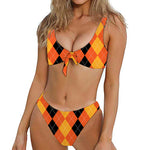 Orange And Black Argyle Pattern Print Front Bow Tie Bikini